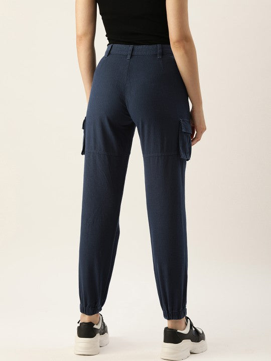 Women Navy Blue Regular Fit Solid Cargo Joggers