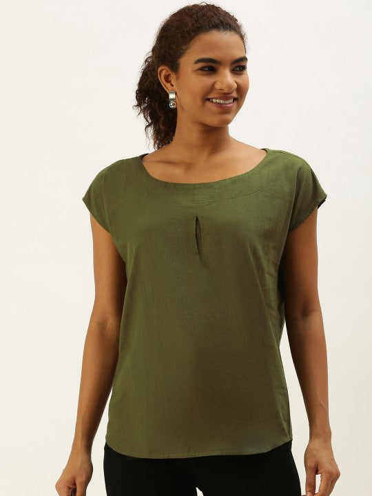 Women Olive Green Solid Pure Cotton Linen Top