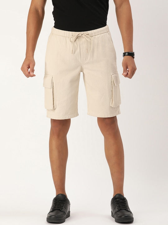 Men Ecru Slim Fit Solid Denim Cargo Shorts