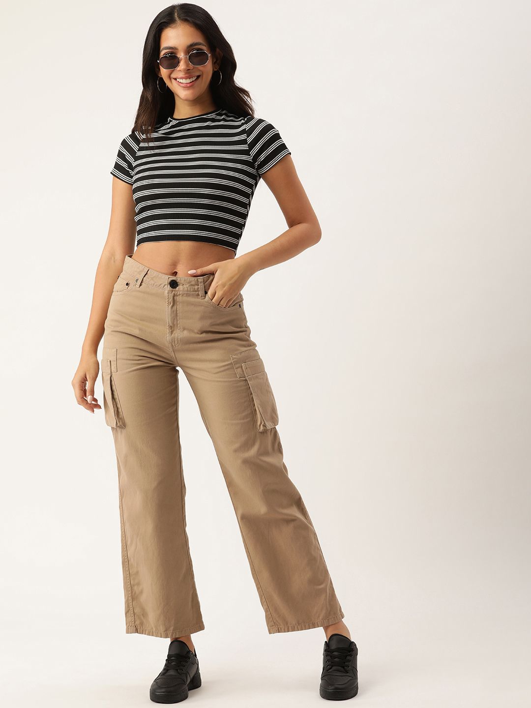 Women Ivory Beige Overdyed Straight Fit Solid Cargo Trousers