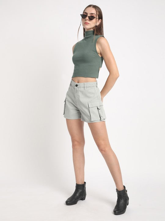 Women Green Skinny Fit Solid Ribbed Crop Top with Back Detailing