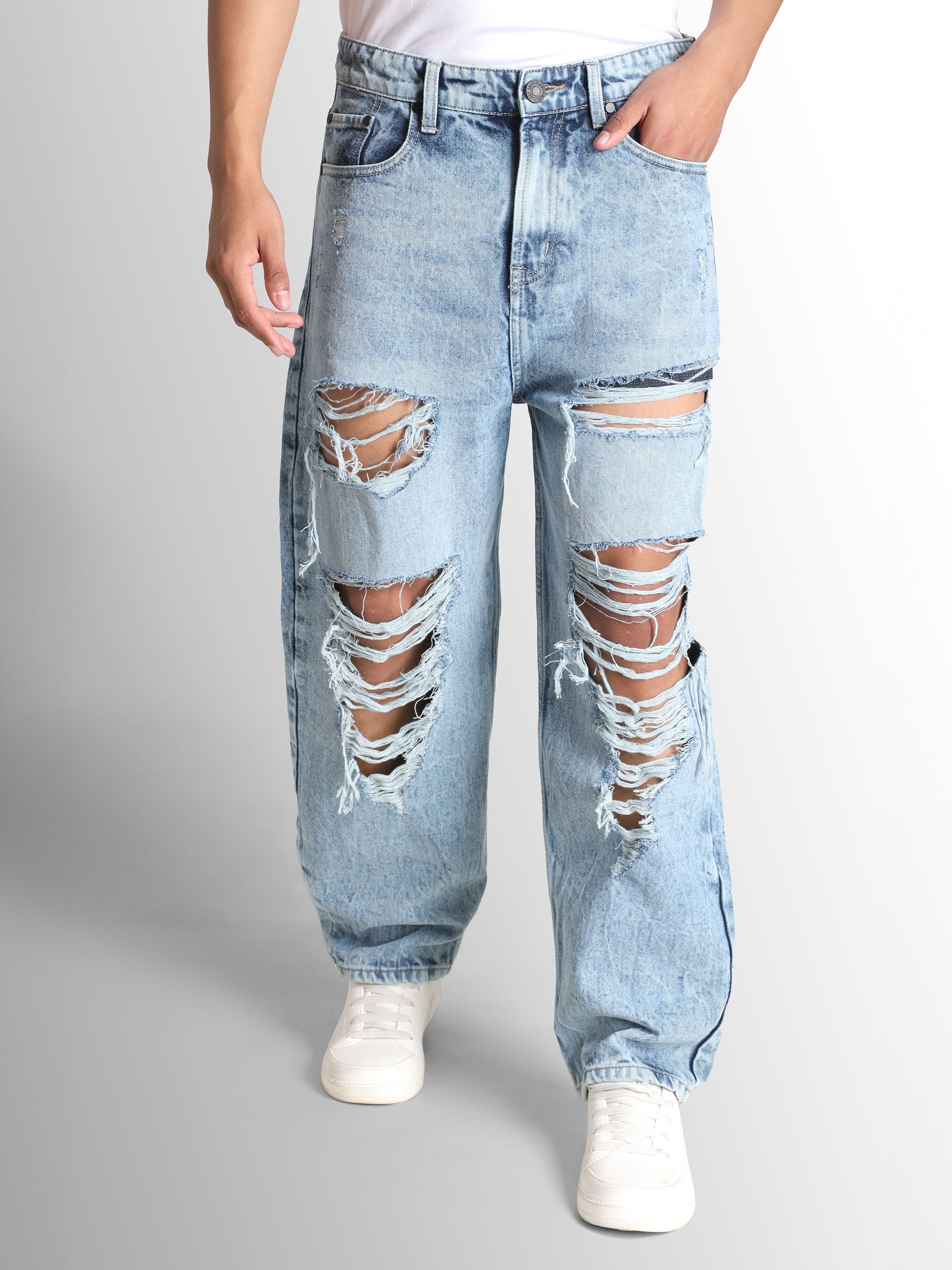 Men Relax Fit Highly Distressed Ligth Fade jeans