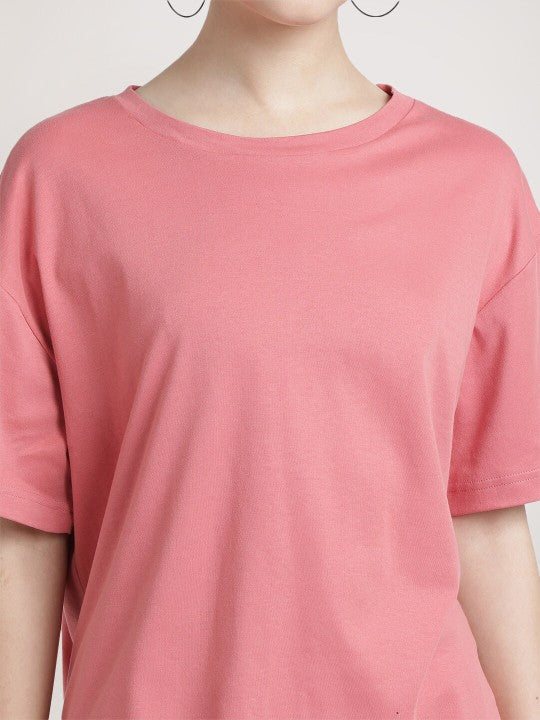 Women Peach Beige Interlock Solid Oversized T-shirt