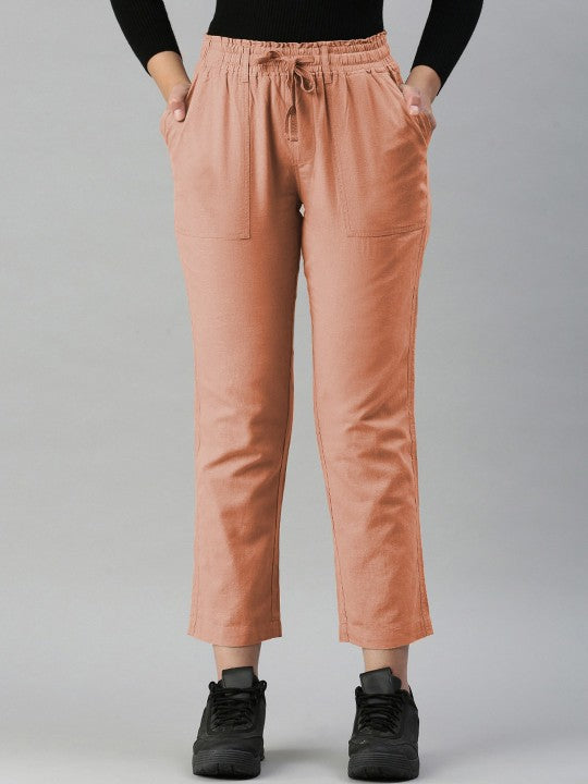 Women Peach Regular Fit Solid Casual Trousers