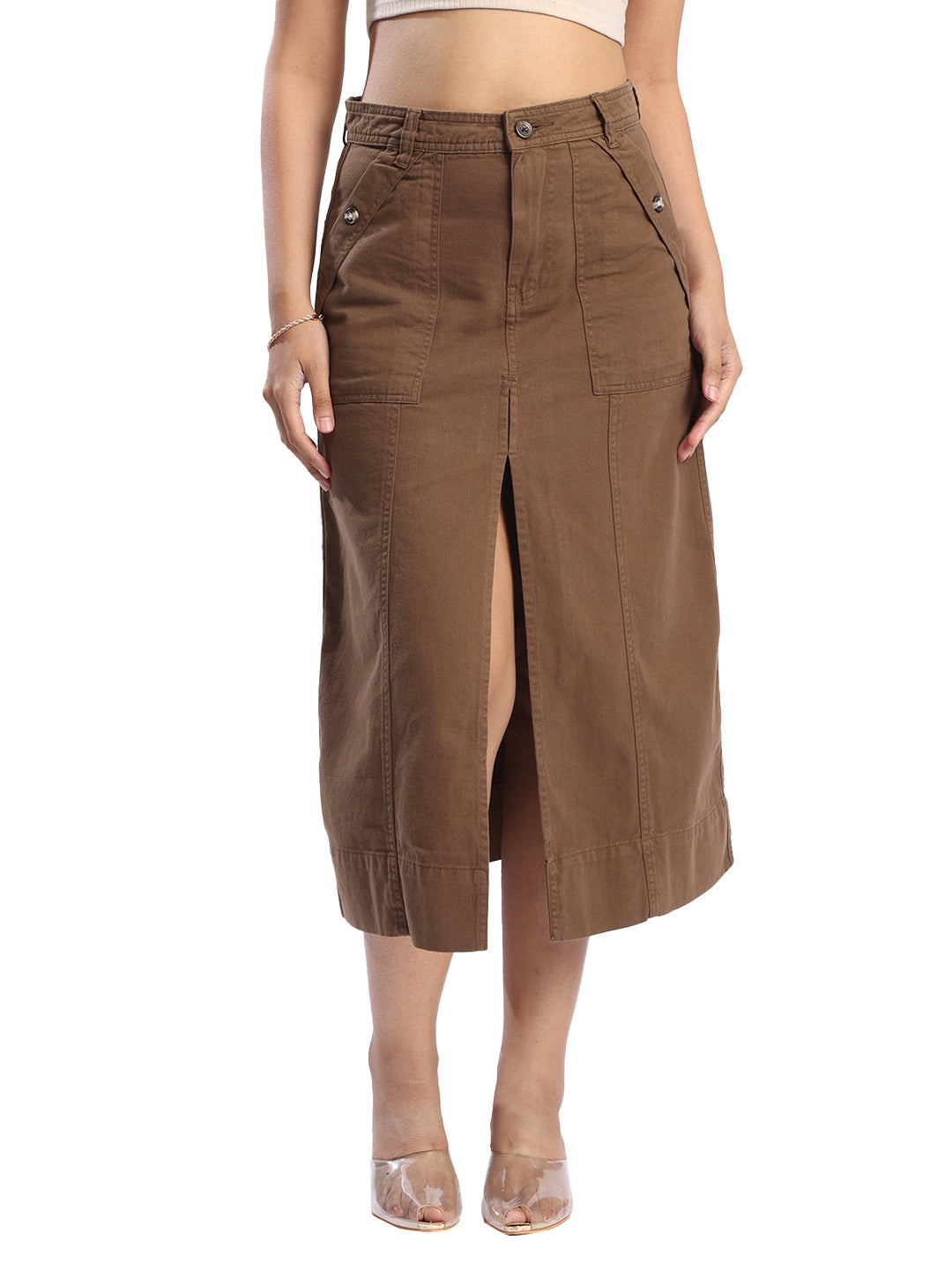Women Brown Skirt with Front Slit
