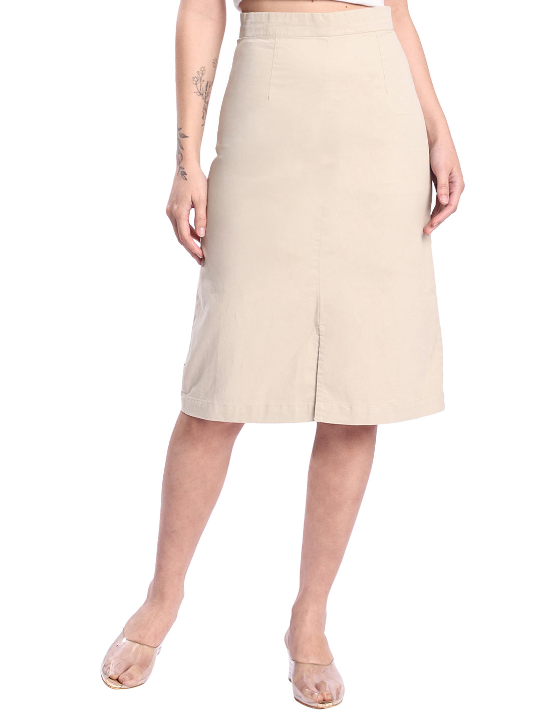 Women Khaki Solid Midi Skirt