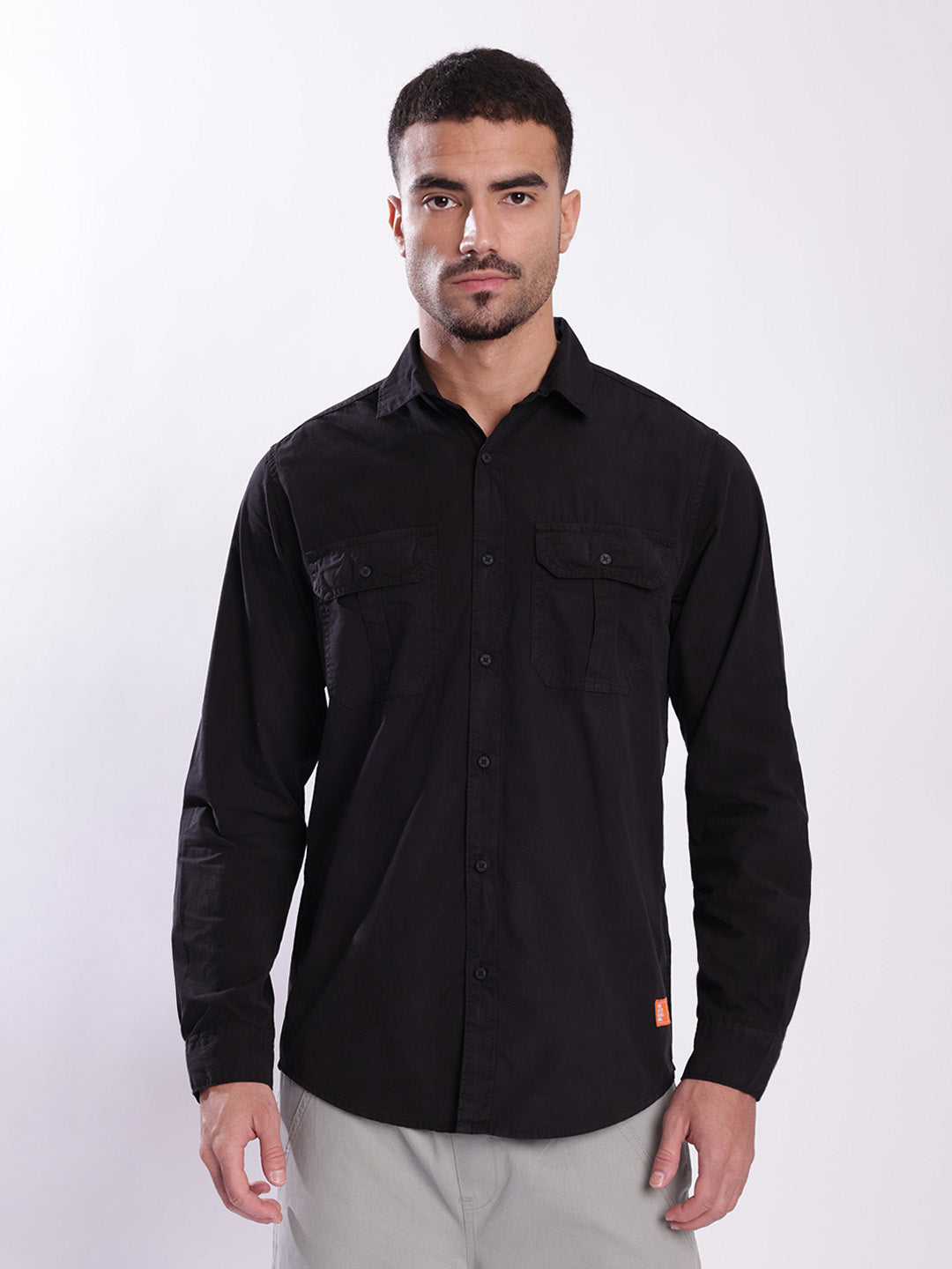 Men Black Double Pocket Casual Shirt