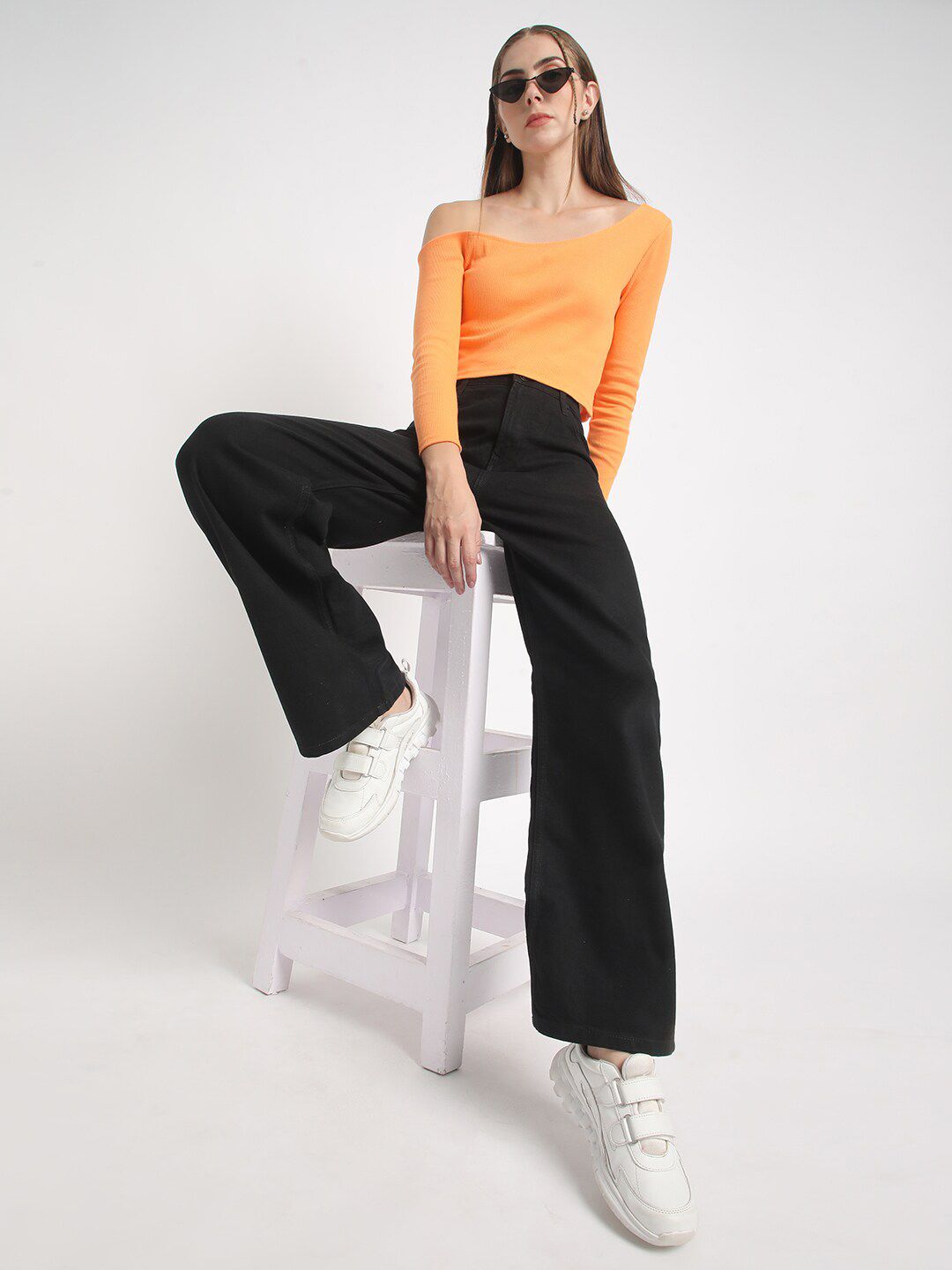 Women Orange Skinny Fit Off-Shoulder Solid Ribbed Top