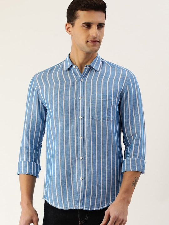 Men Blue/White Slim Fit Striped Casual Shirt