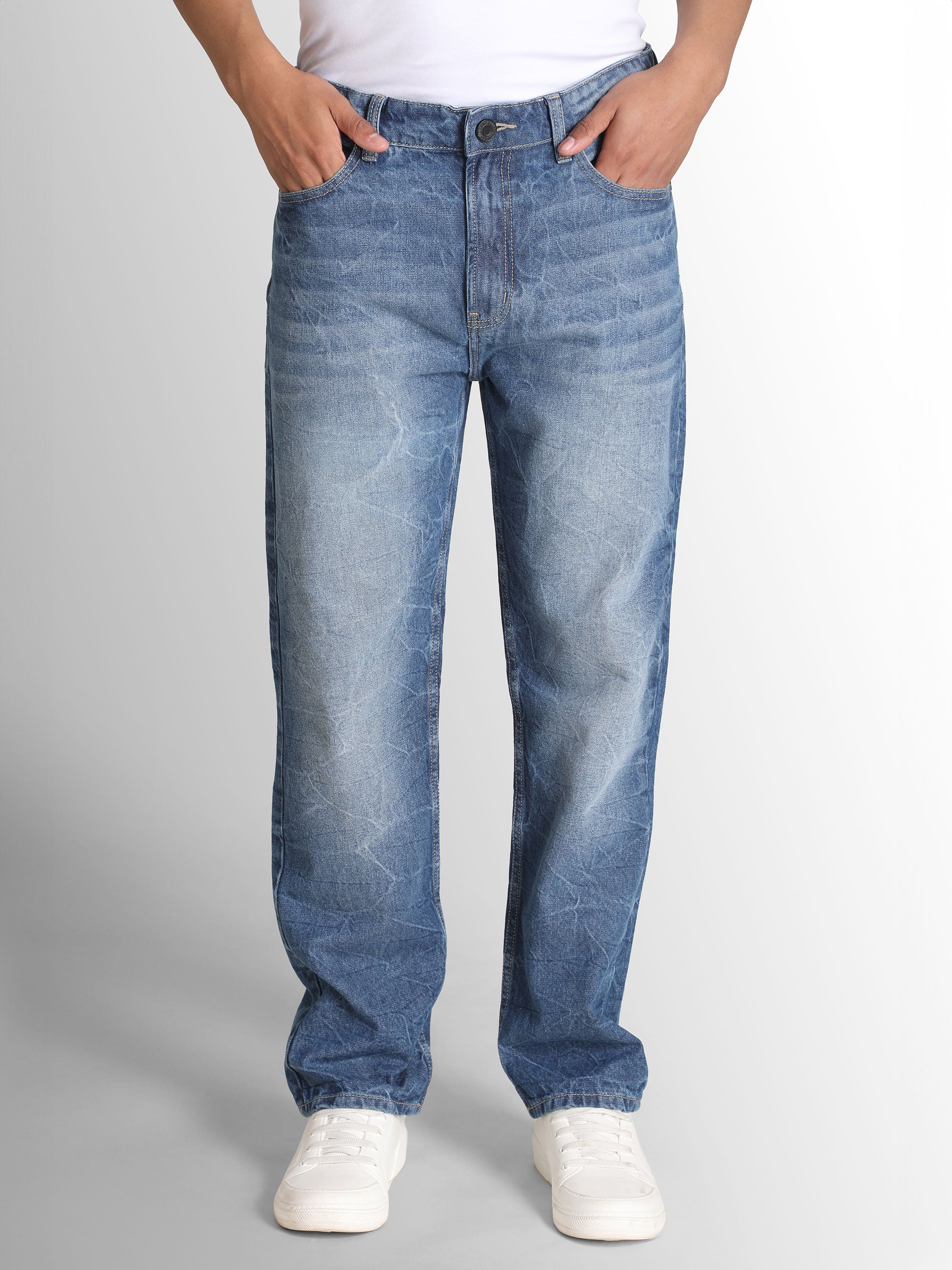 Men Relax Fit Wash Effect Jeans