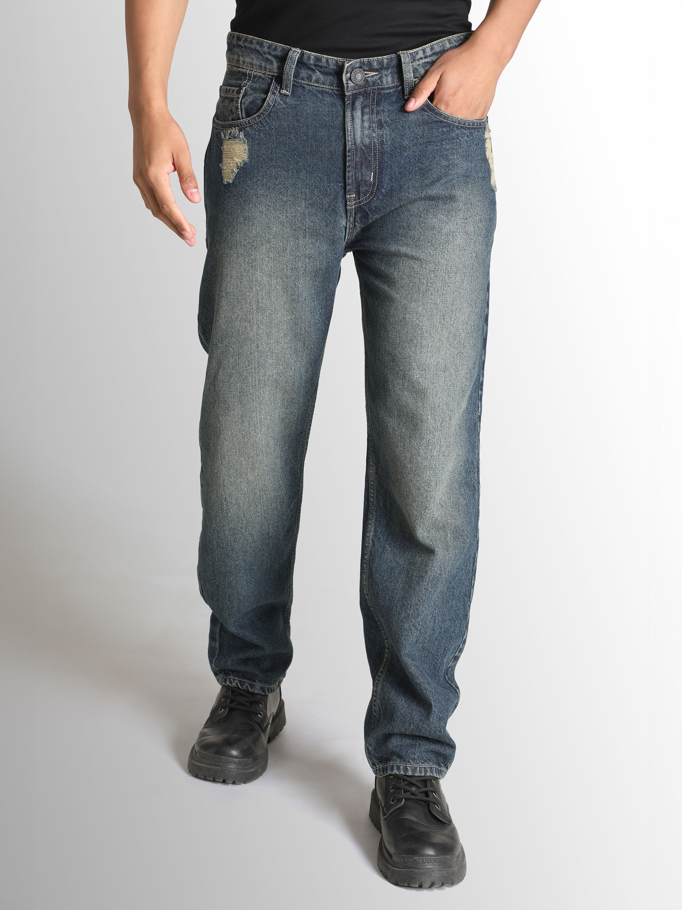 Men Cotton Relaxed Fit Highly Distressed Heavy Fade Jeans