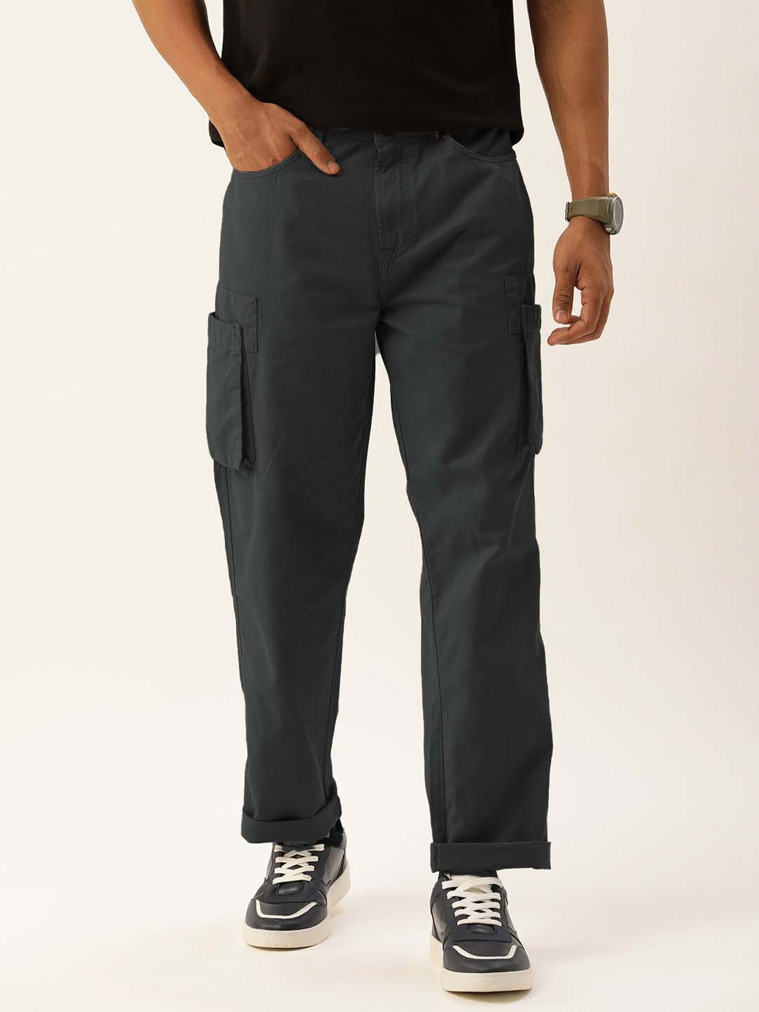 Men Dark Grey Overdyed Straight Fit Solid Cargo Trouser