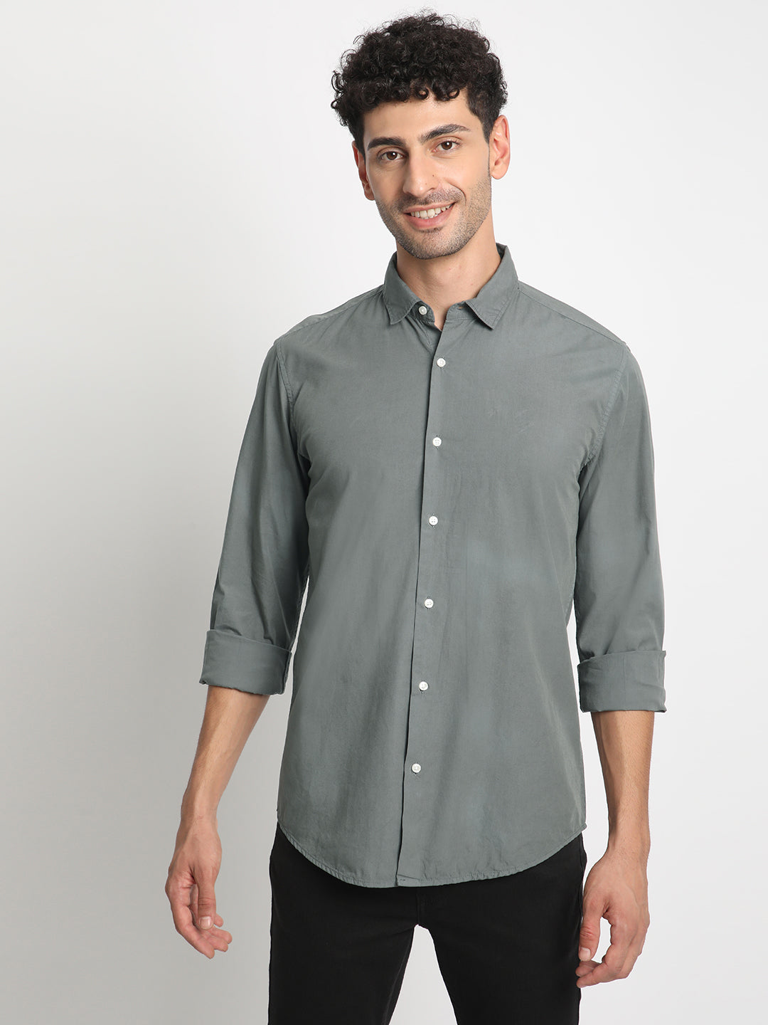 Men Grey Slim Fit Full Sleeve Solid Casual Shirt