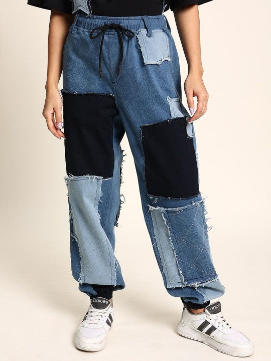 Gender Fluid Blue/Black Baggy Fit Patchwork Jogger Jeans