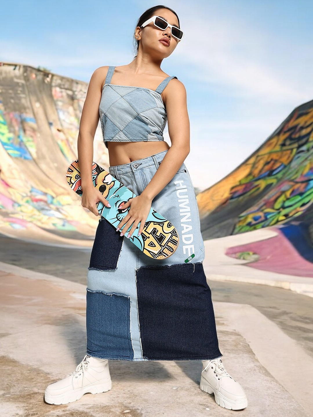 Women's Fashionable Blue Denim Patchwork Skirt