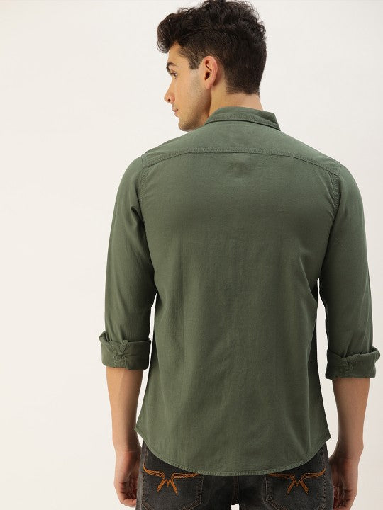 Men Olive Solid Slim Fit Casual Shirt