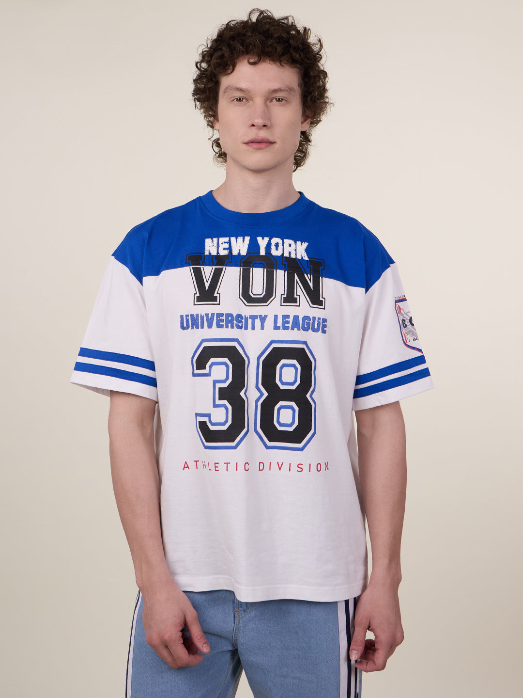 Men White/Blue Oversized Varsity Hd Printed T-Shirt