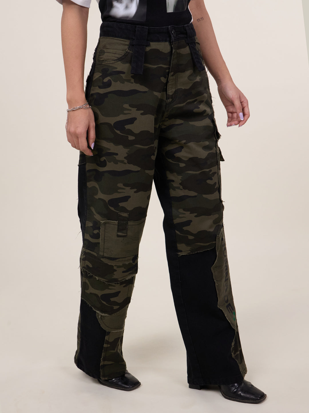 Women's Trendy Black Jeans with Camo Print Patch Work