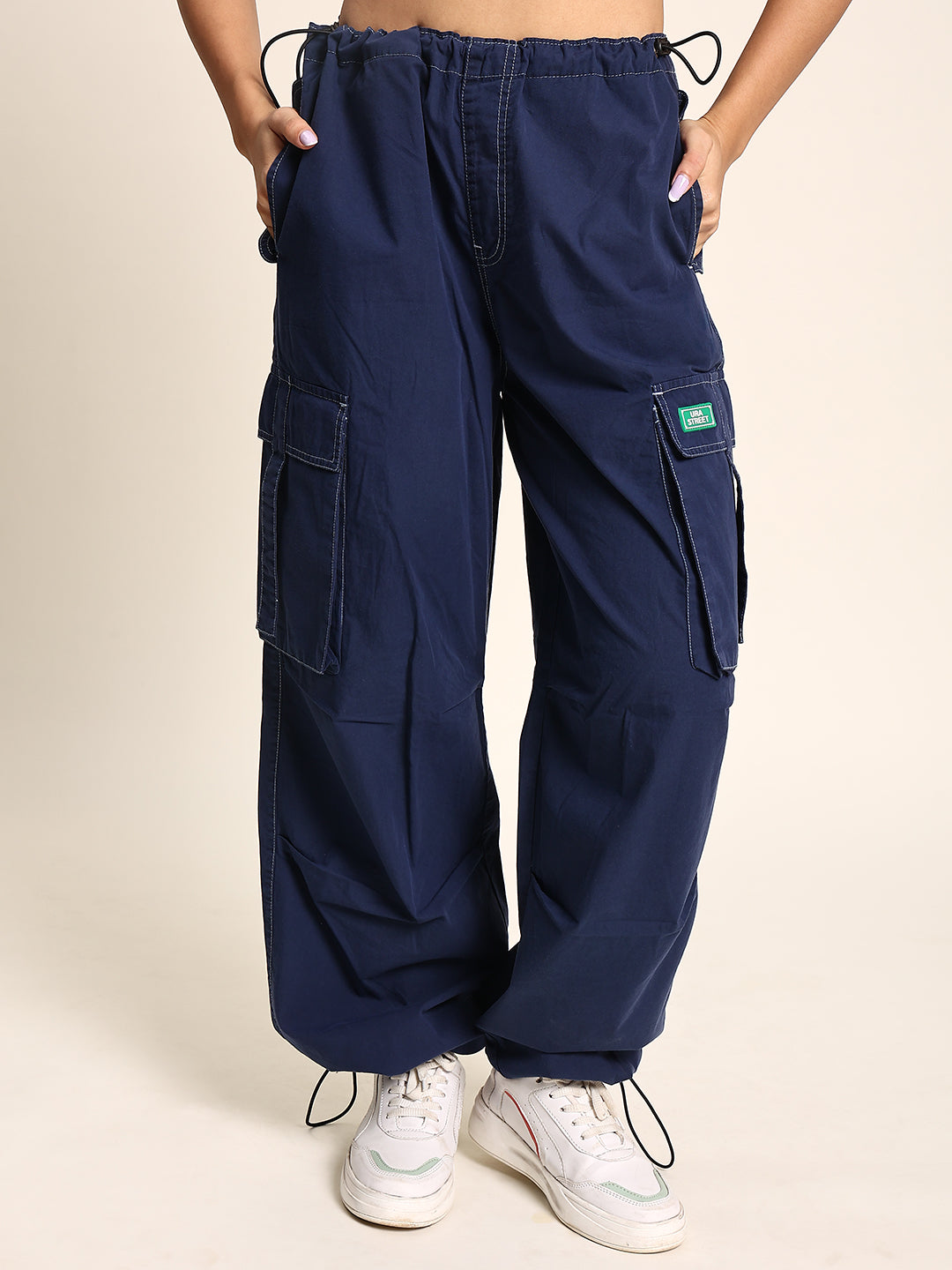 Women Blue Parachute Fit Pull On Cargo Pants