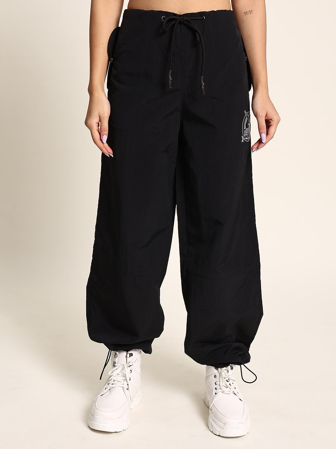 Women's Fashionable Black Crushed Nylon Parachute Pants