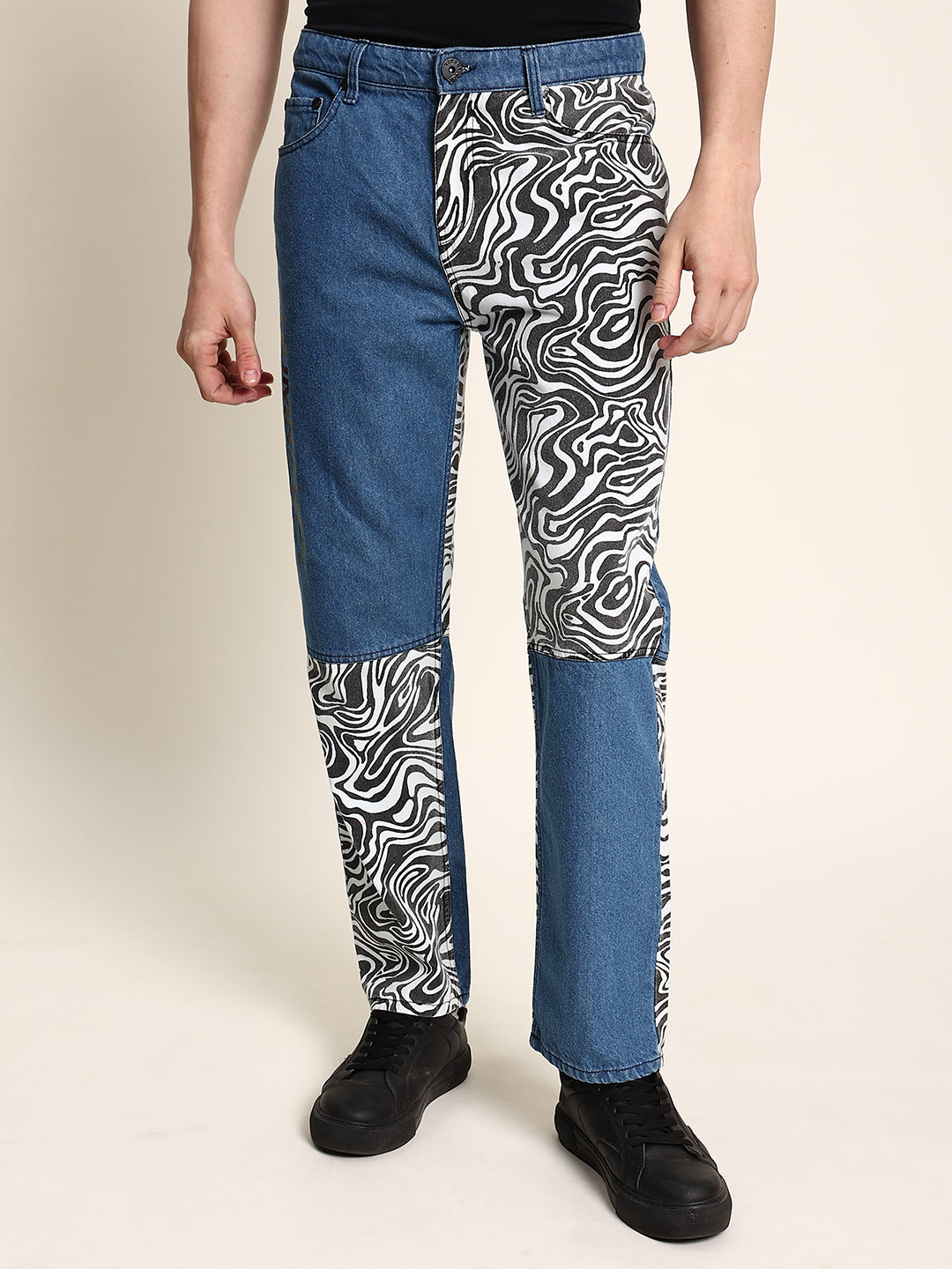 Men's Trendy Blue Jeans with Swirls Print Cut & Sew