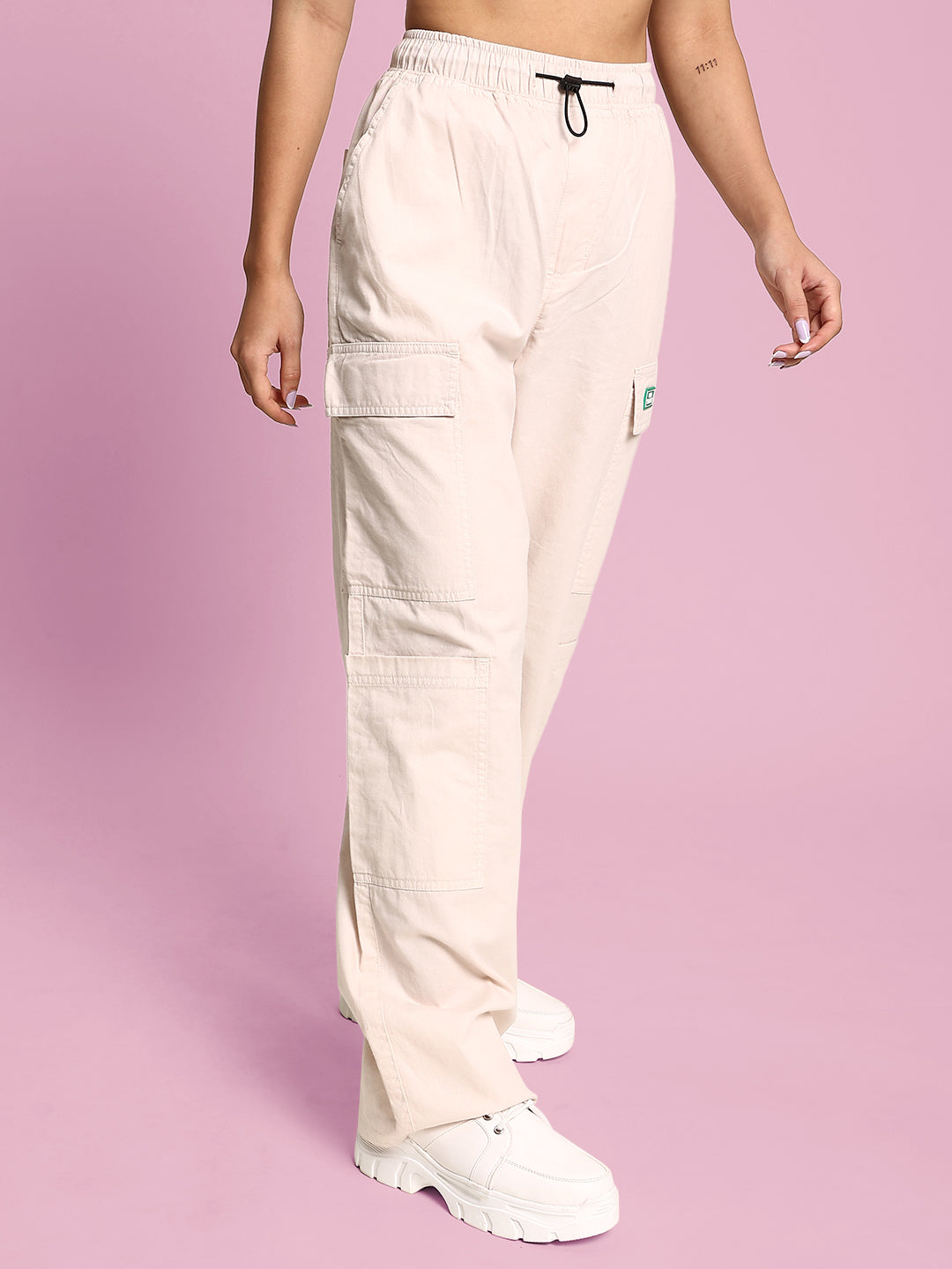 Women White Straight Fit And Adjustable Waist Cargo Trouser