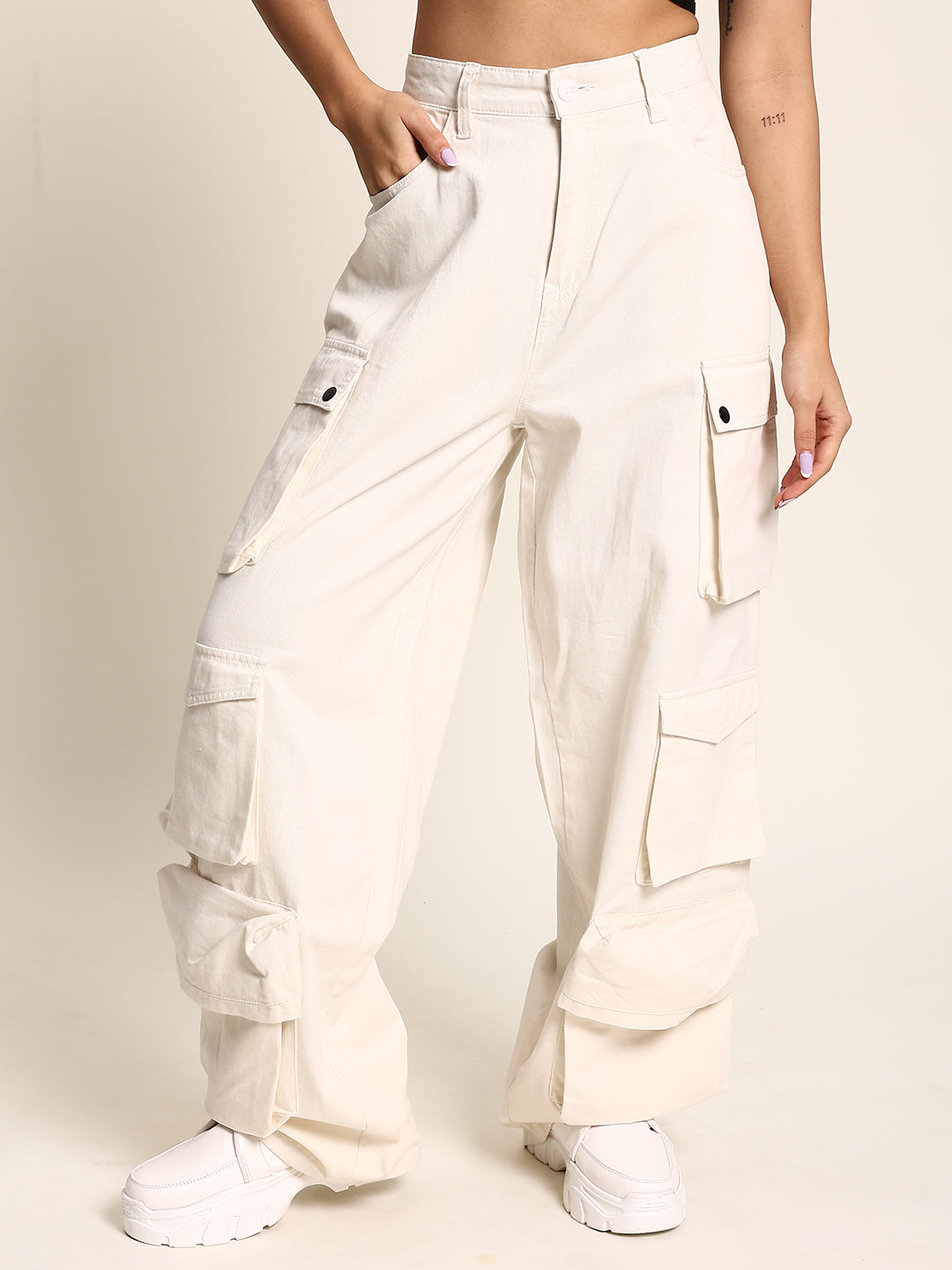 Women's Stylish Antique White Baggy Fit Utility Cargo Trousers