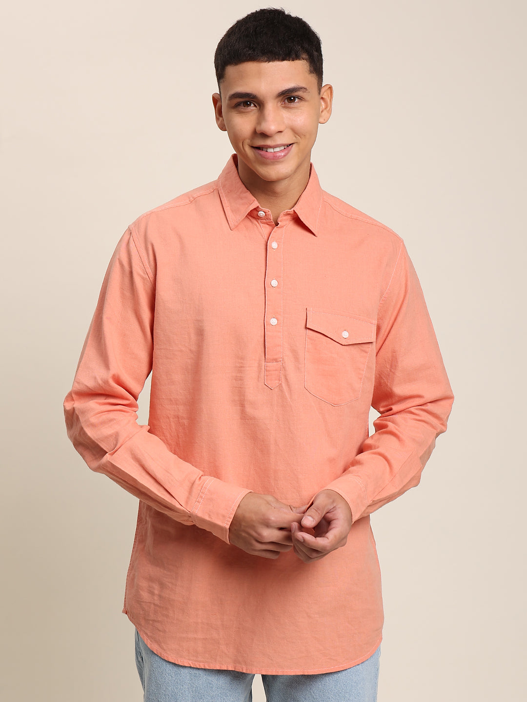 Men Pastel Orange Full Sleeve Cotton Linen Kurta