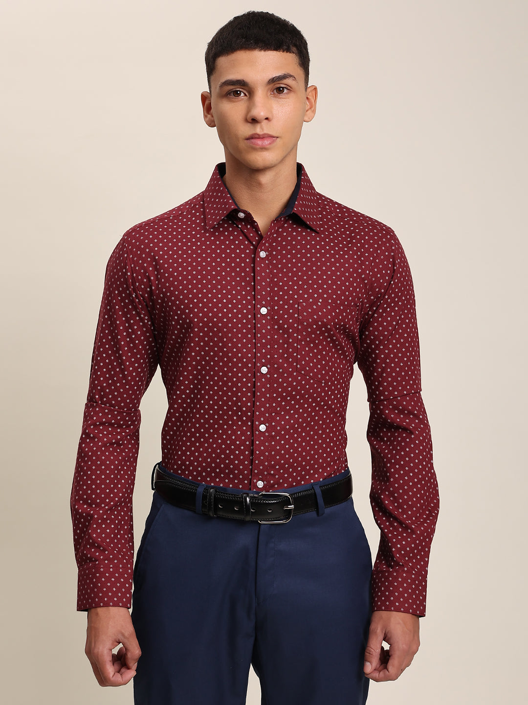 Men Maroon Printed Cotton Formal Shirt