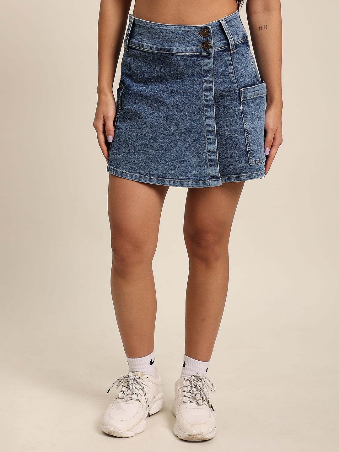 Women Mid Blue Wrap Around Denim Skirt