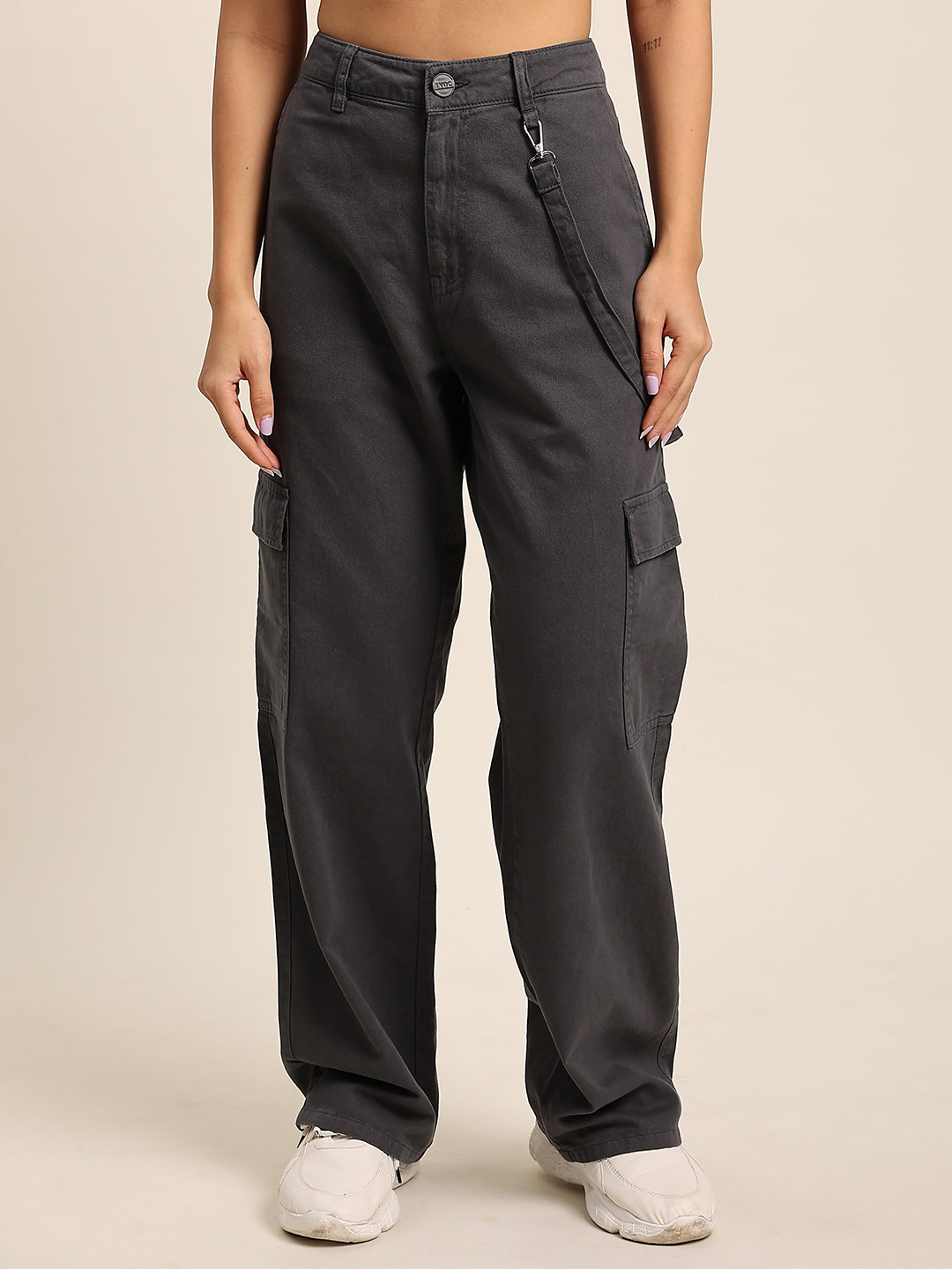 Women Dark Grey Straight Fit High Rise Side Loop Cargo Trouser