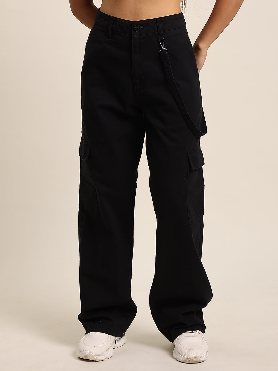 Women Black Straight Fit High Rise Side Loop Cargo Trouser