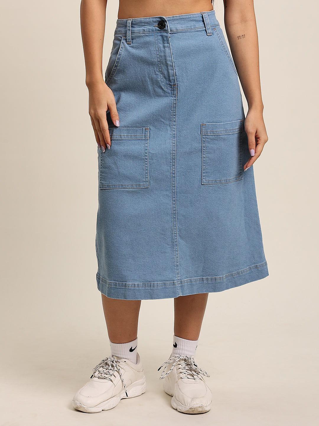 Women Light Blue High Rise Denim Cargo Skirt