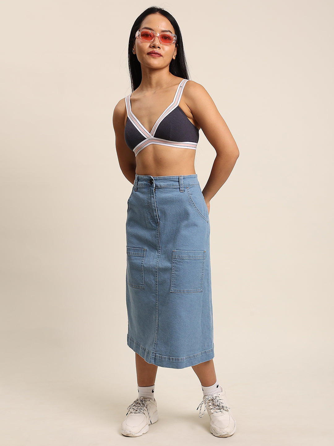 Women Light Blue High Rise Denim Cargo Skirt