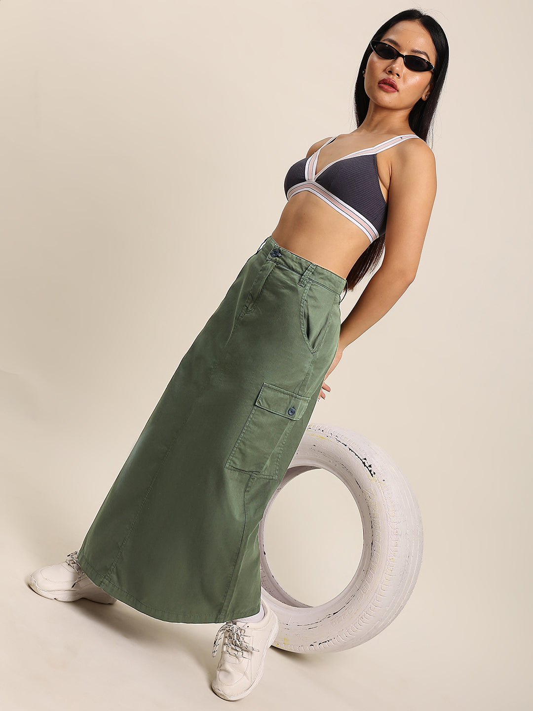 Women Olive High Rise Cargo Skirt