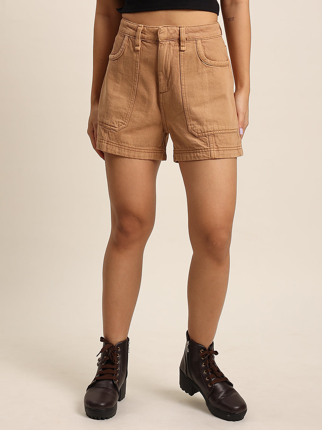 Women Dark Khaki High Rise Dyed Denim Contrast Stitch Shorts