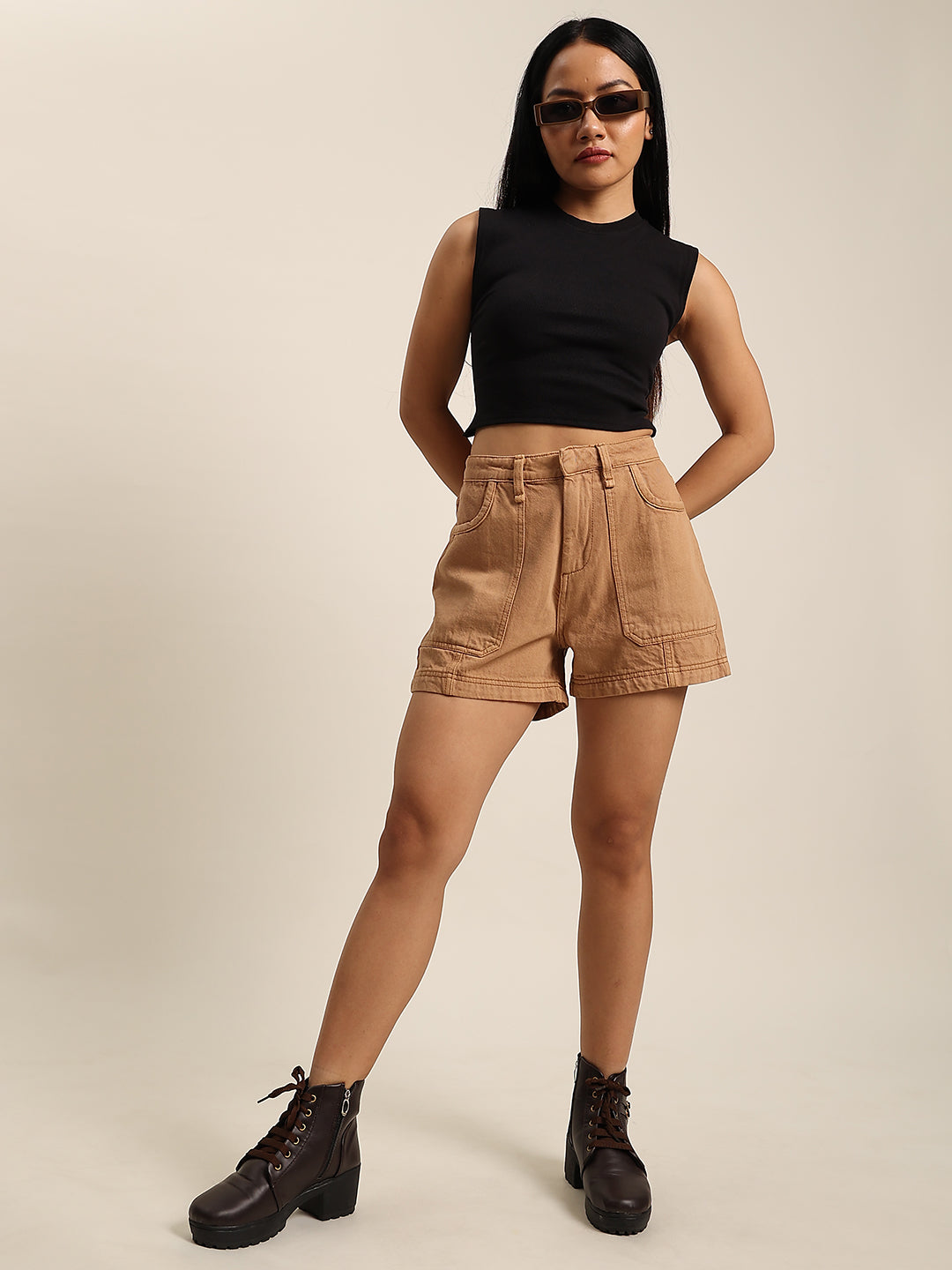 Women Dark Khaki High Rise Dyed Denim Contrast Stitch Shorts