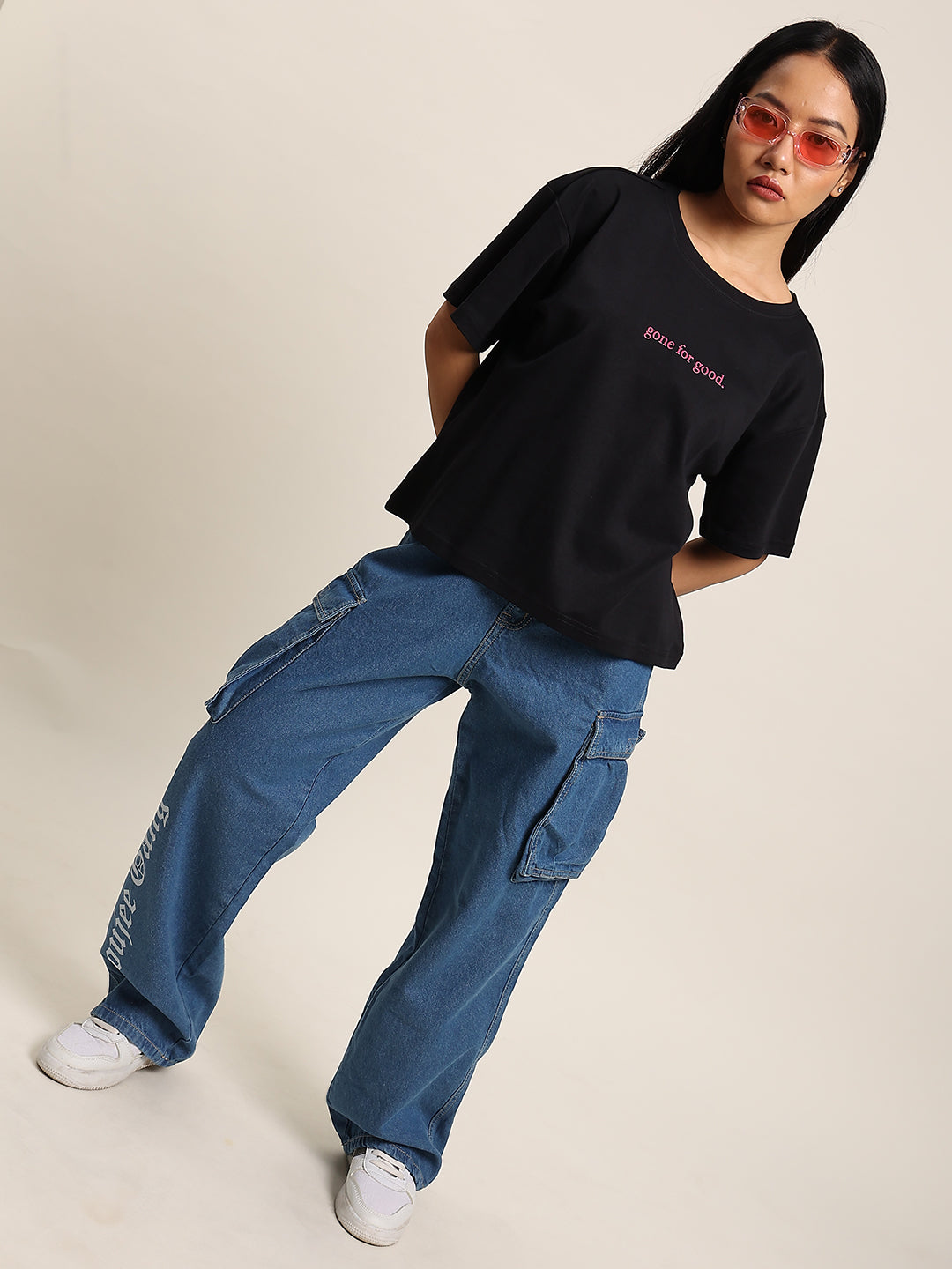 Women Blue Relax Fit Boujee Gang Pring Cargo Jeans