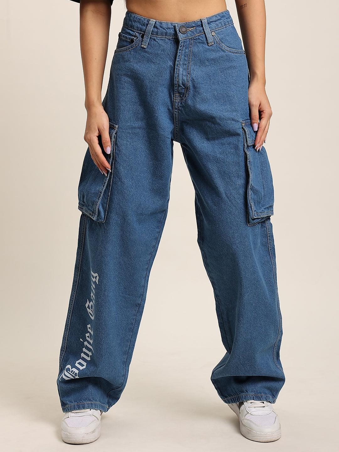 Women Blue Relax Fit Boujee Gang Pring Cargo Jeans