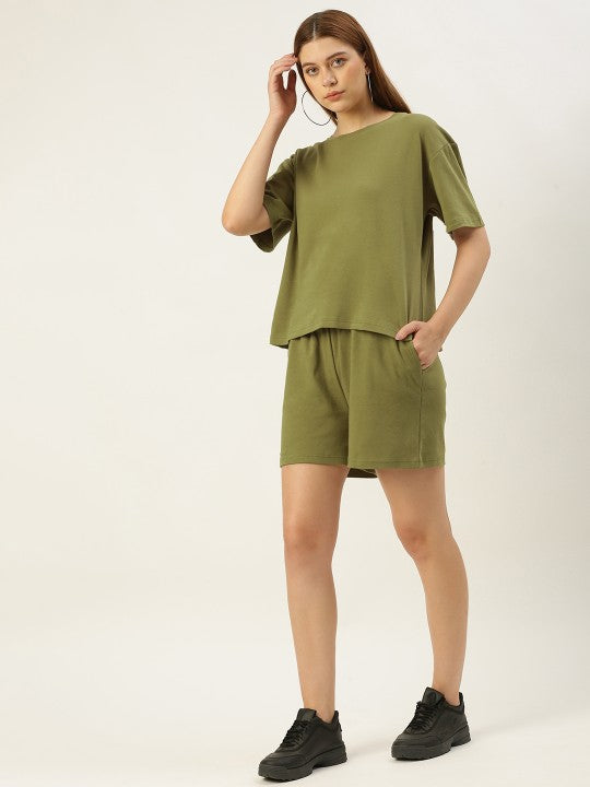 Women Green Olive Co-Ord Set - T-Shirt and Shorts