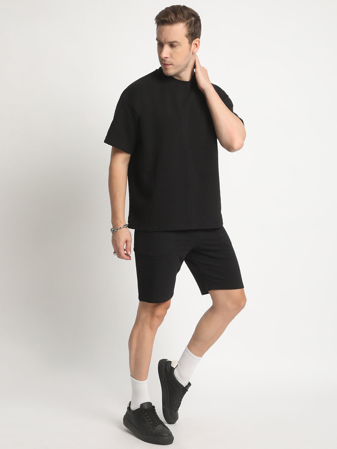 Men Black Regular Fit Solid Seersucker Knitted Co-Ord Set