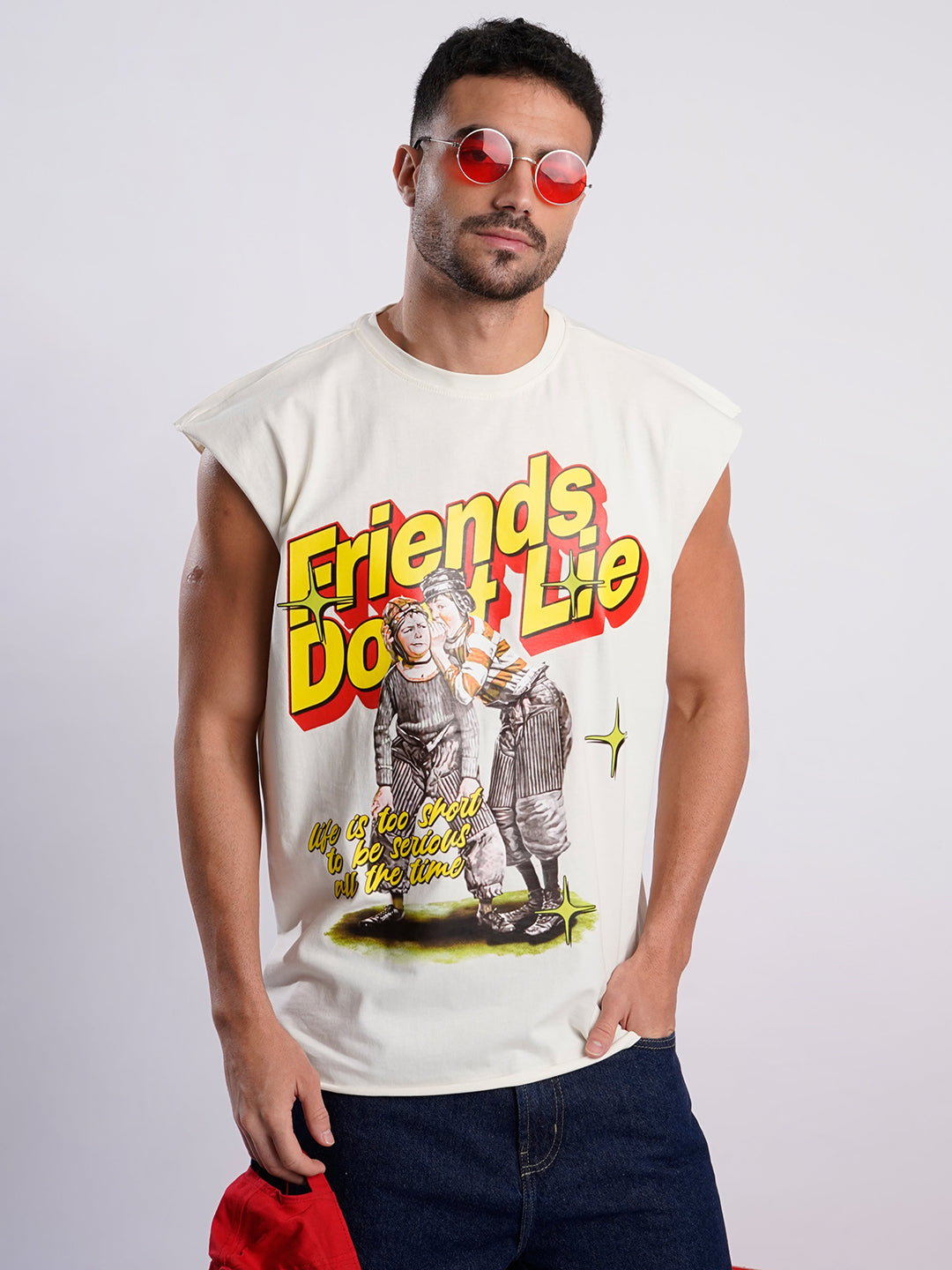 Men Beige Sleeveless Graphic Print Oversized T Shirt
