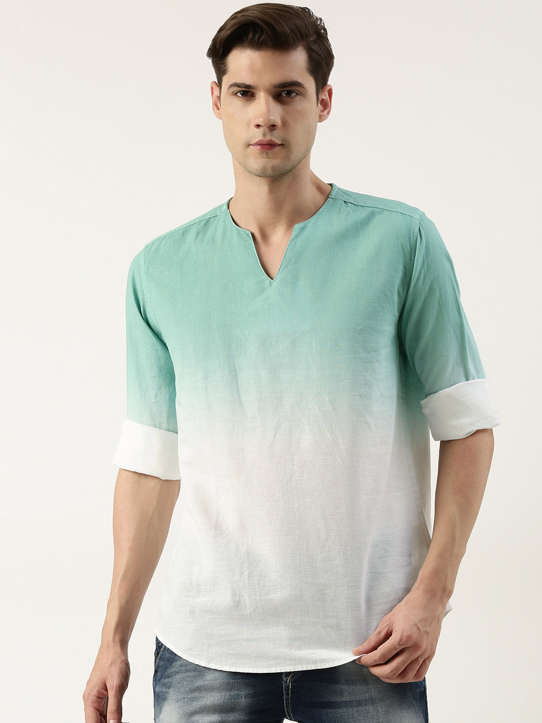 Men White/Mint Green Slim Fit Ombre Kurta