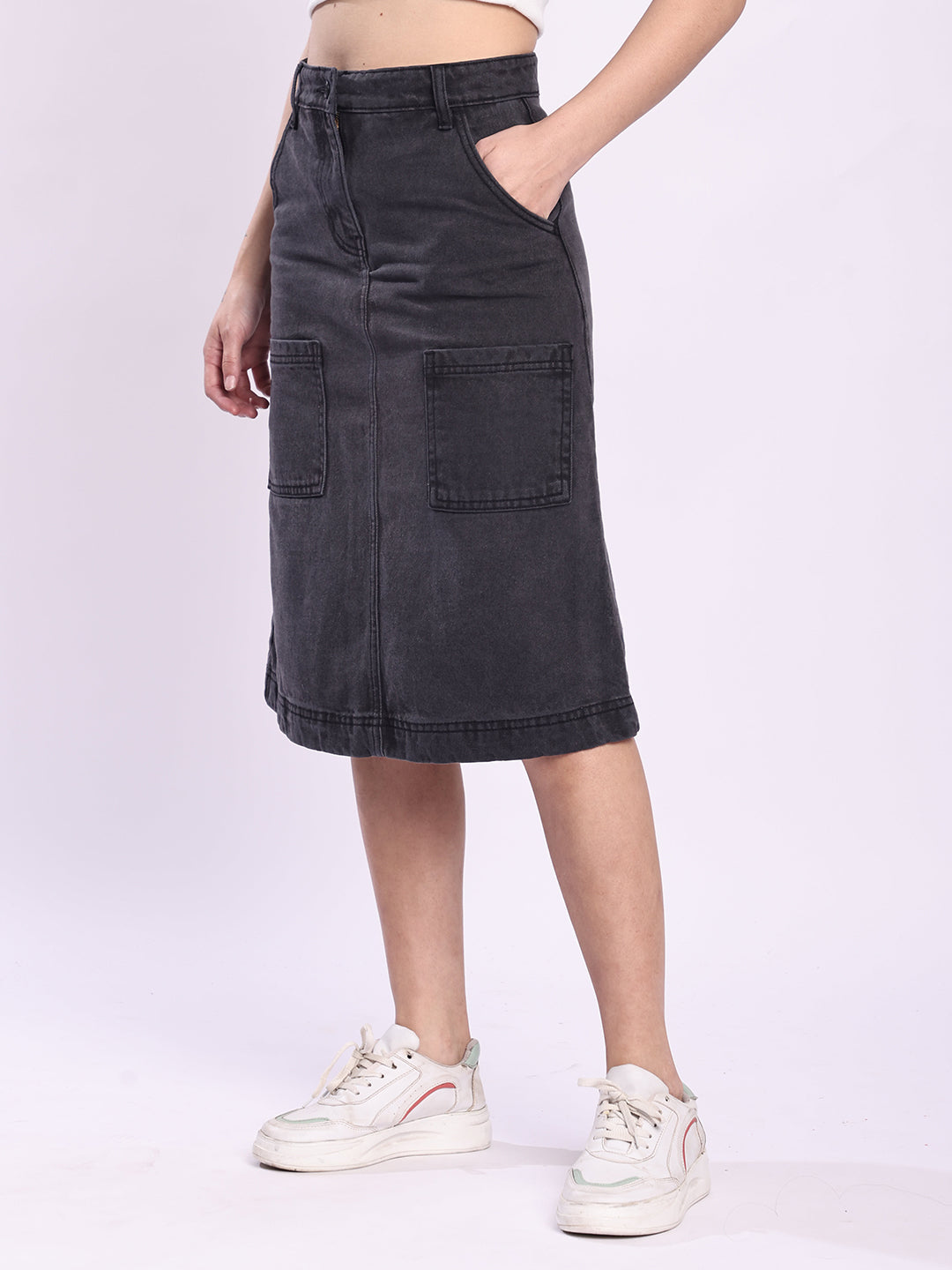 Women Charcoal A-Line Cargo Denim Skirt