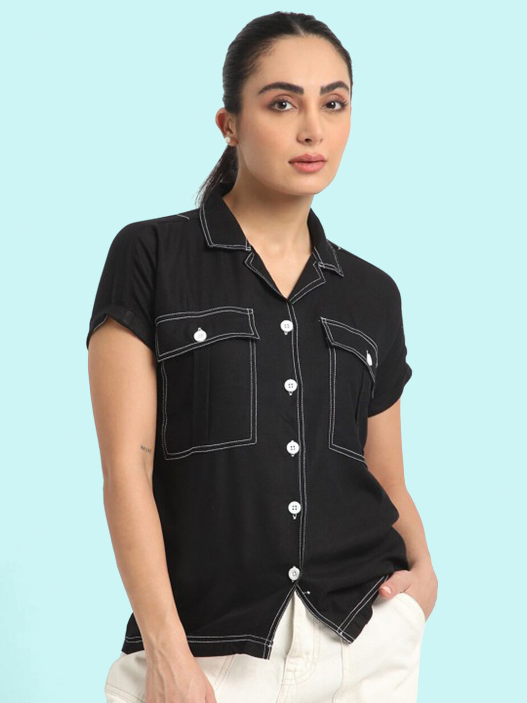 Women Black Lightweight Casual Solid Shirt with Contrast Stitch