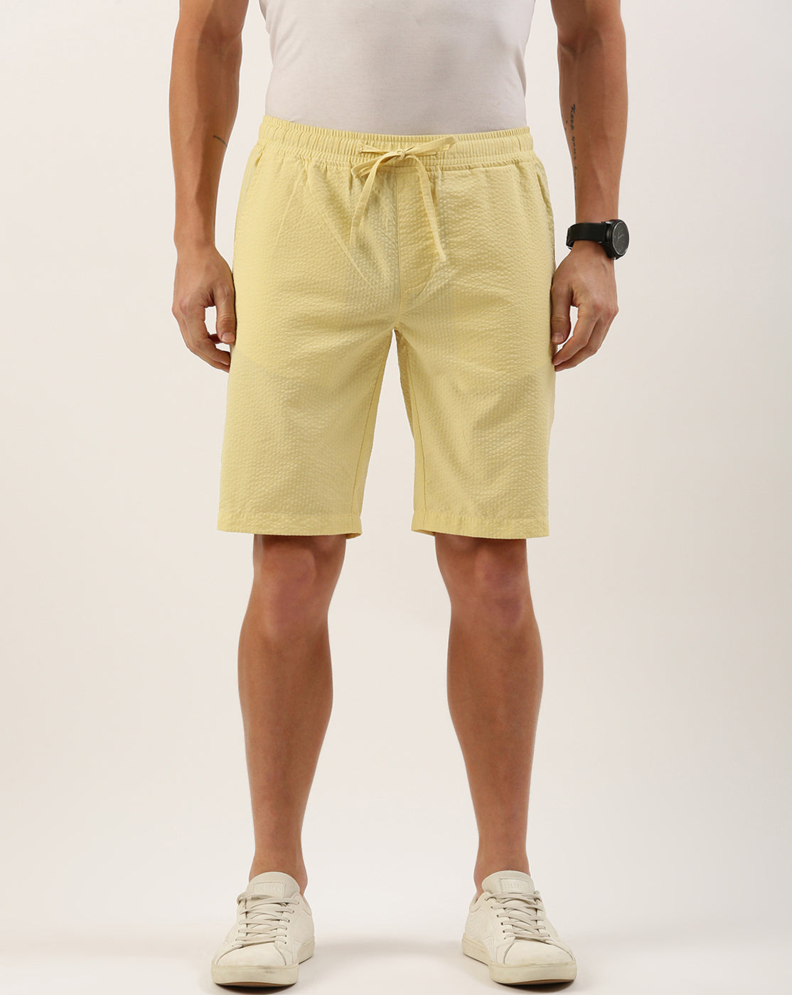 Men Lemon Yellow Regular Fit Solid Casual Shorts