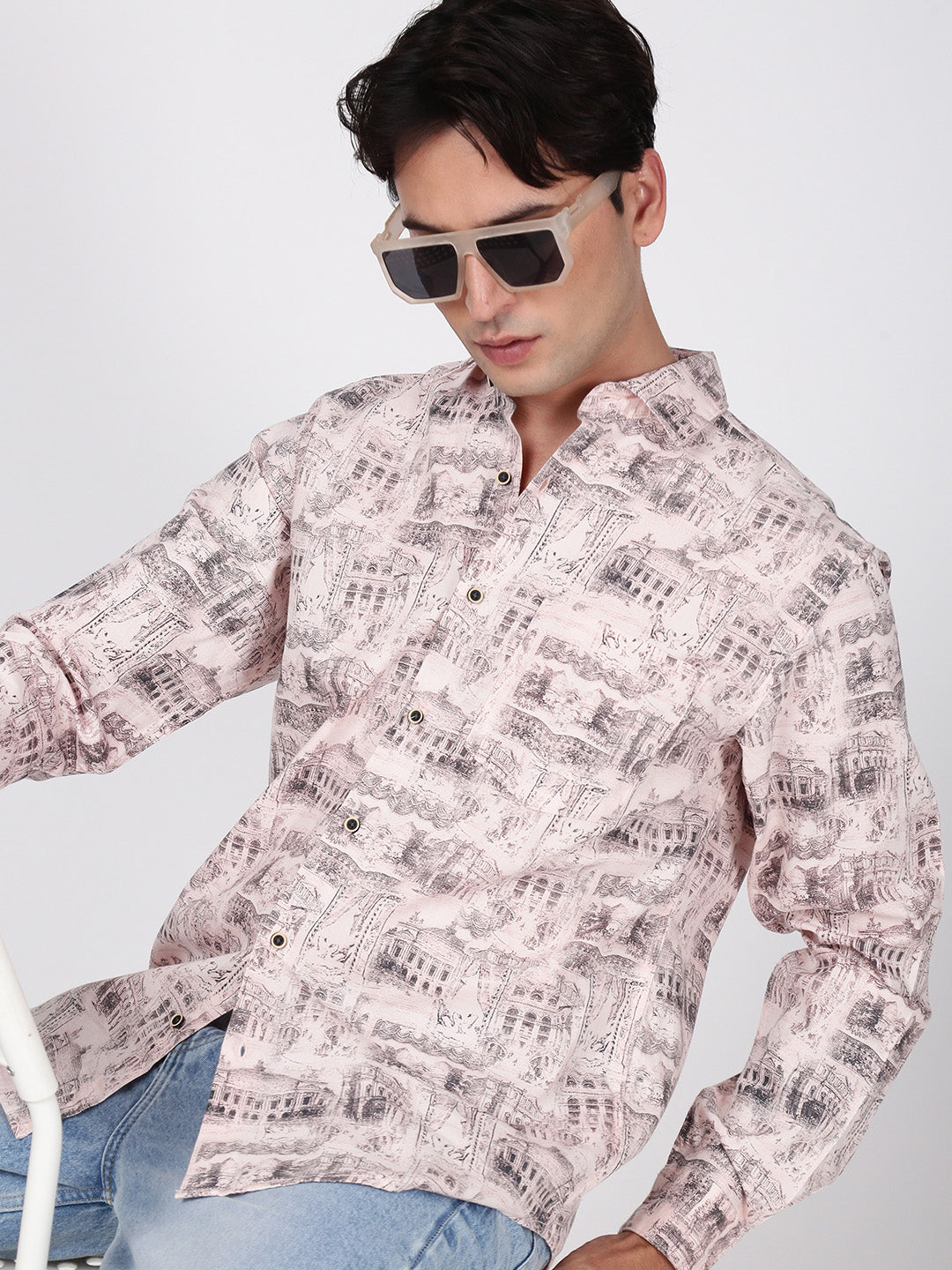 Men Peach and Black Abstract Print Single Pocket  Shirt