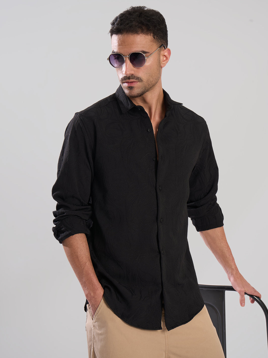 Men Black Textured Regular Fit Shirt