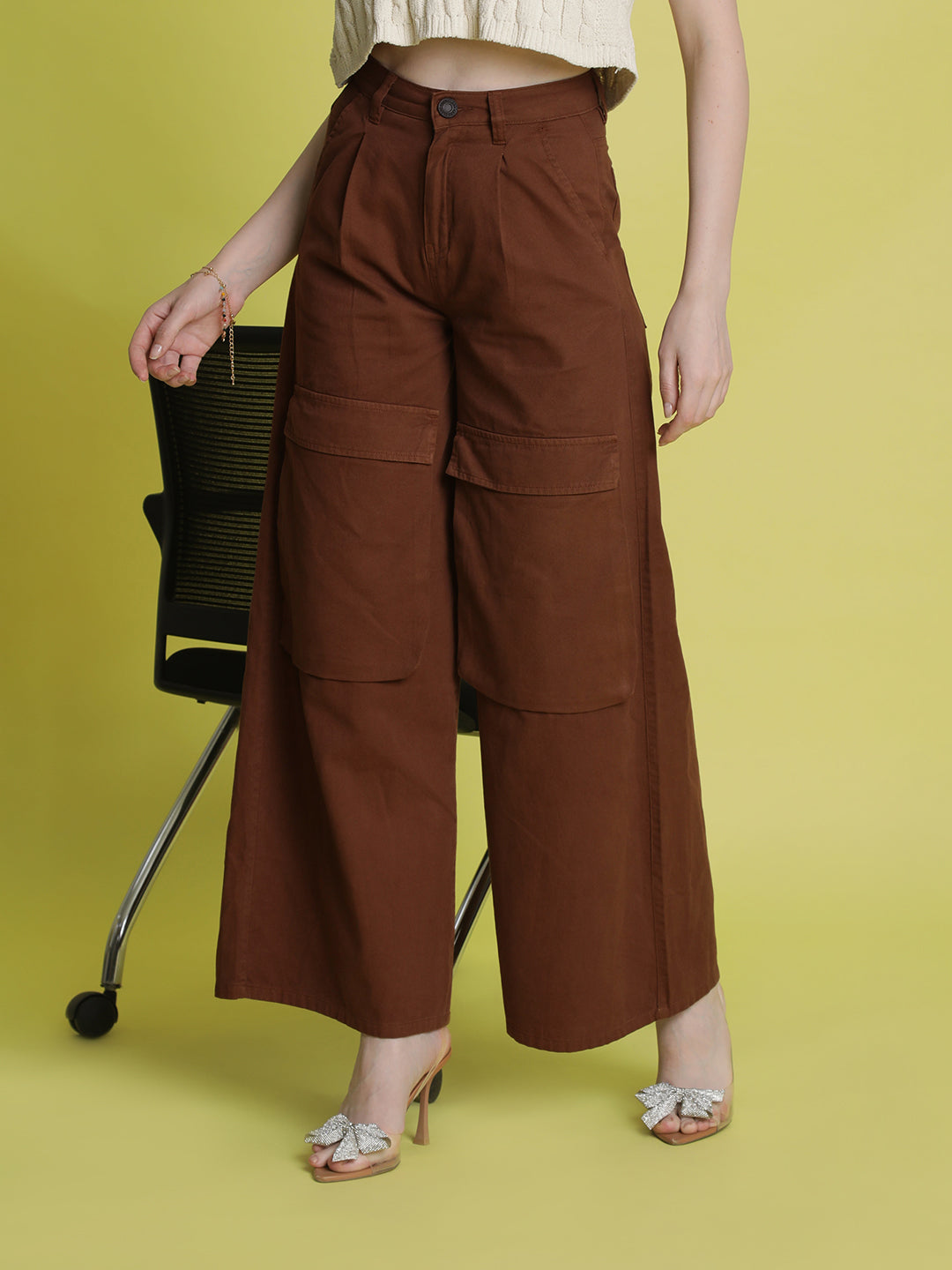 Women Brown Wide Leg Cargo trousers