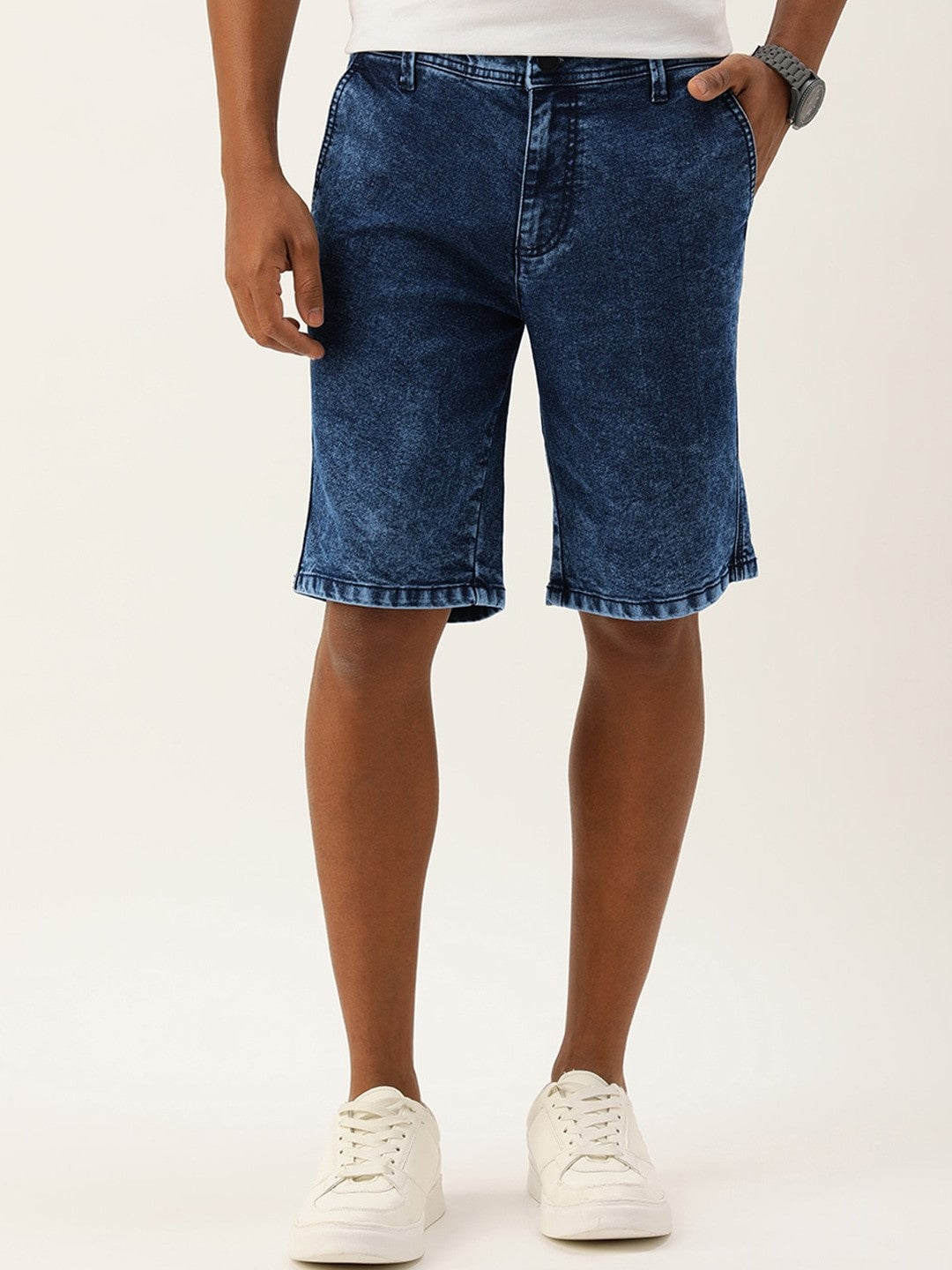 Men Navy Blue Slim Fit Solid Denim Shorts